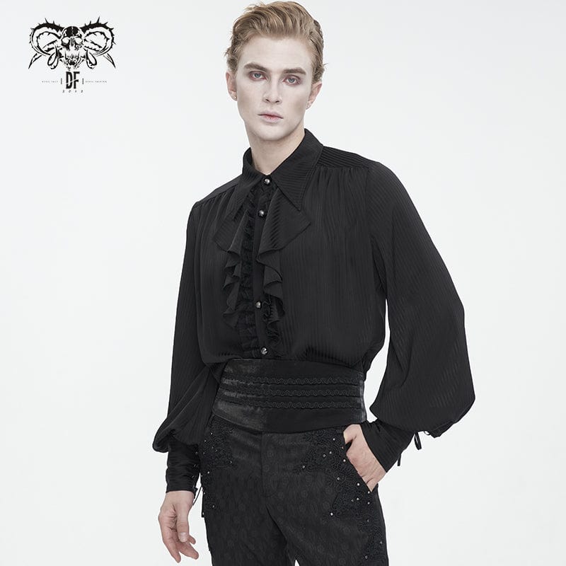 DEVIL FASHION Men's Gothic Puff Sleeved Ruffled Lace Splice Shirt Black