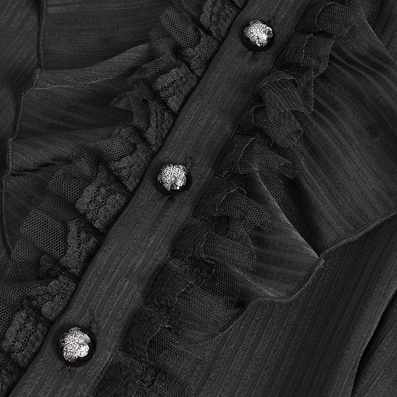 DEVIL FASHION Men's Gothic Puff Sleeved Ruffled Lace Splice Shirt Black