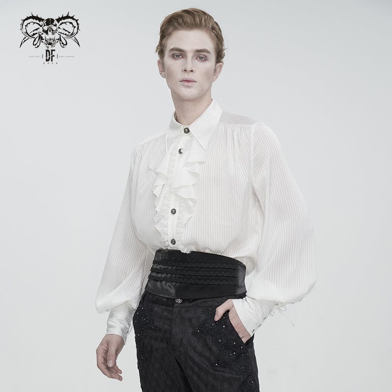DEVIL FASHION Men's Gothic Puff Sleeved Ruffled Lace Splice Shirt White