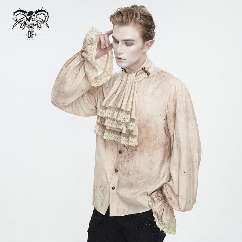 DEVIL FASHION Men's Gothic Puff Sleeved Stand Collar Distressed Shirt with Necktie