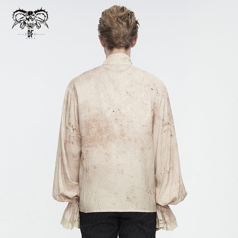 DEVIL FASHION Men's Gothic Puff Sleeved Stand Collar Distressed Shirt with Necktie