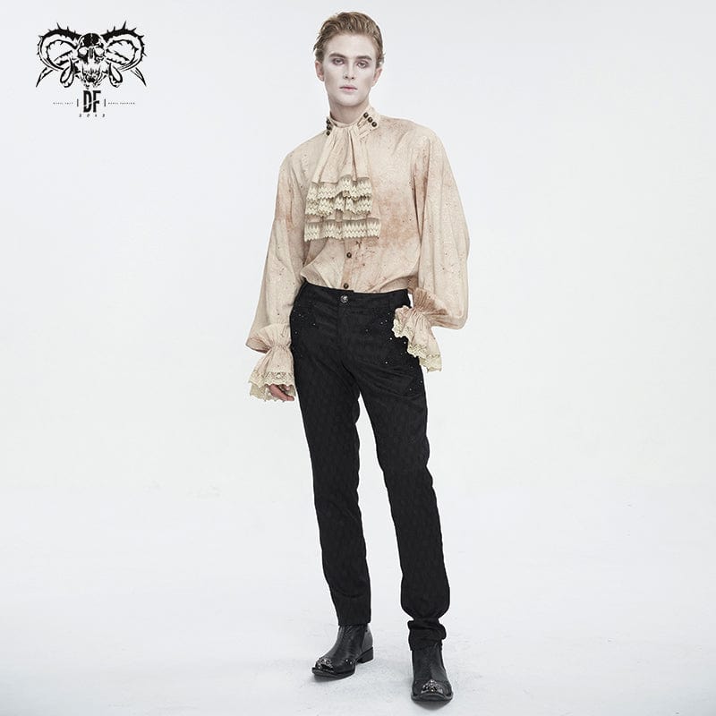 DEVIL FASHION Men's Gothic Puff Sleeved Stand Collar Distressed Shirt with Necktie