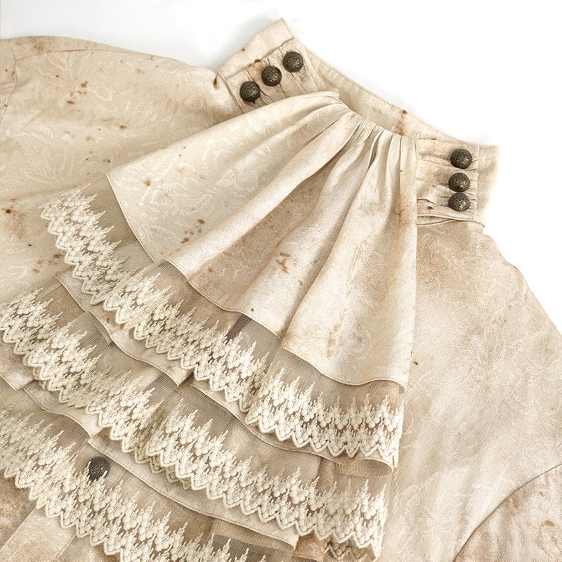 DEVIL FASHION Men's Gothic Puff Sleeved Stand Collar Distressed Shirt with Necktie