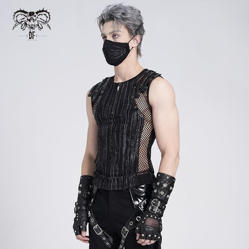 DEVIL FASHION Men's Gothic Ribbed Mesh Splice Zipper Vest