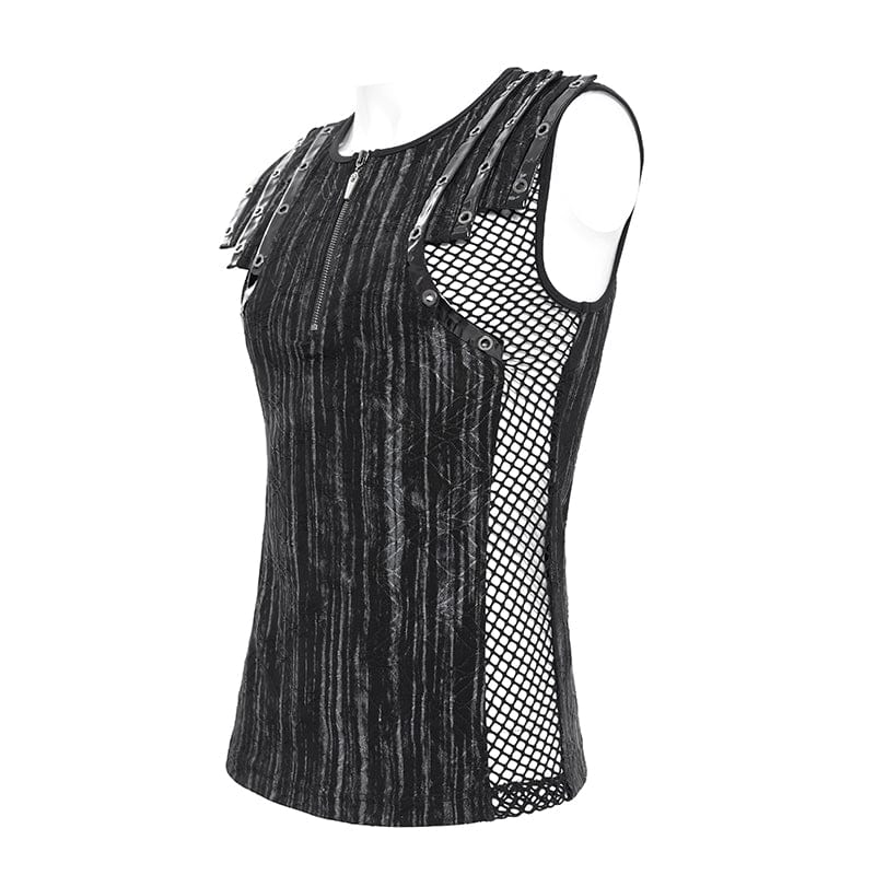 DEVIL FASHION Men's Gothic Ribbed Mesh Splice Zipper Vest