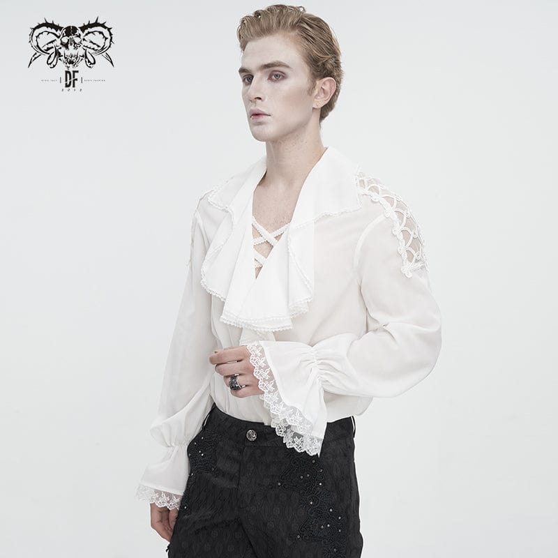 DEVIL FASHION Men's Gothic Ruffled Collar Puff Sleeved Shirt White