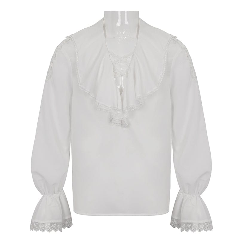 DEVIL FASHION Men's Gothic Ruffled Collar Puff Sleeved Shirt White