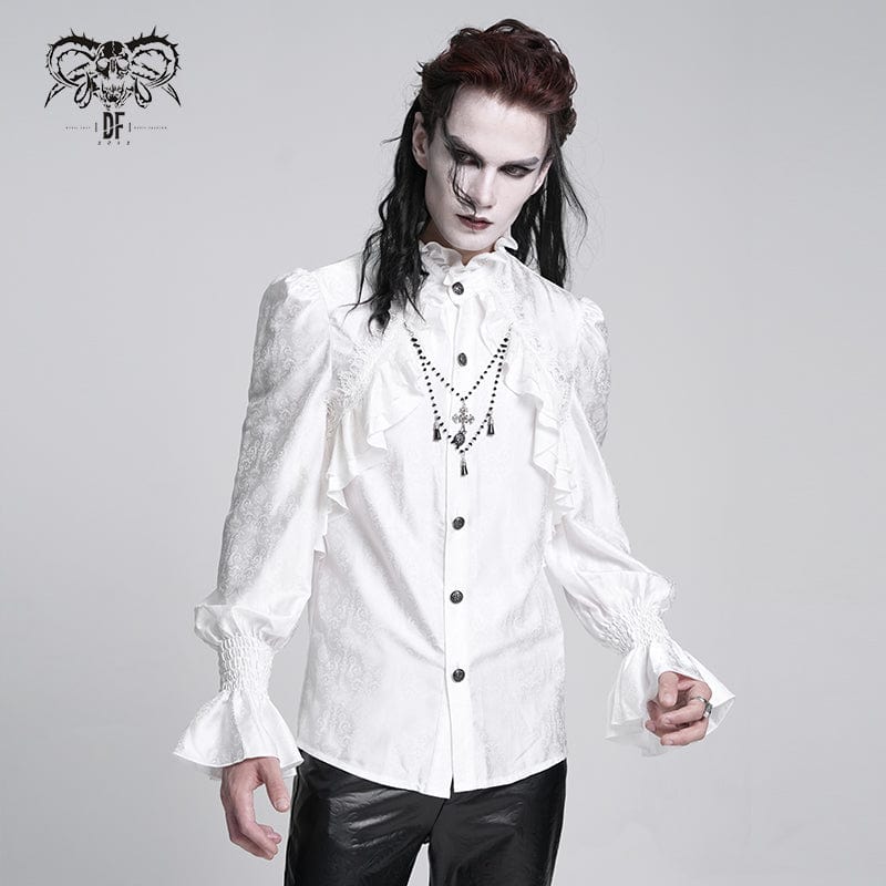 DEVIL FASHION Men's Gothic Ruffled Lace Cross Shirt White
