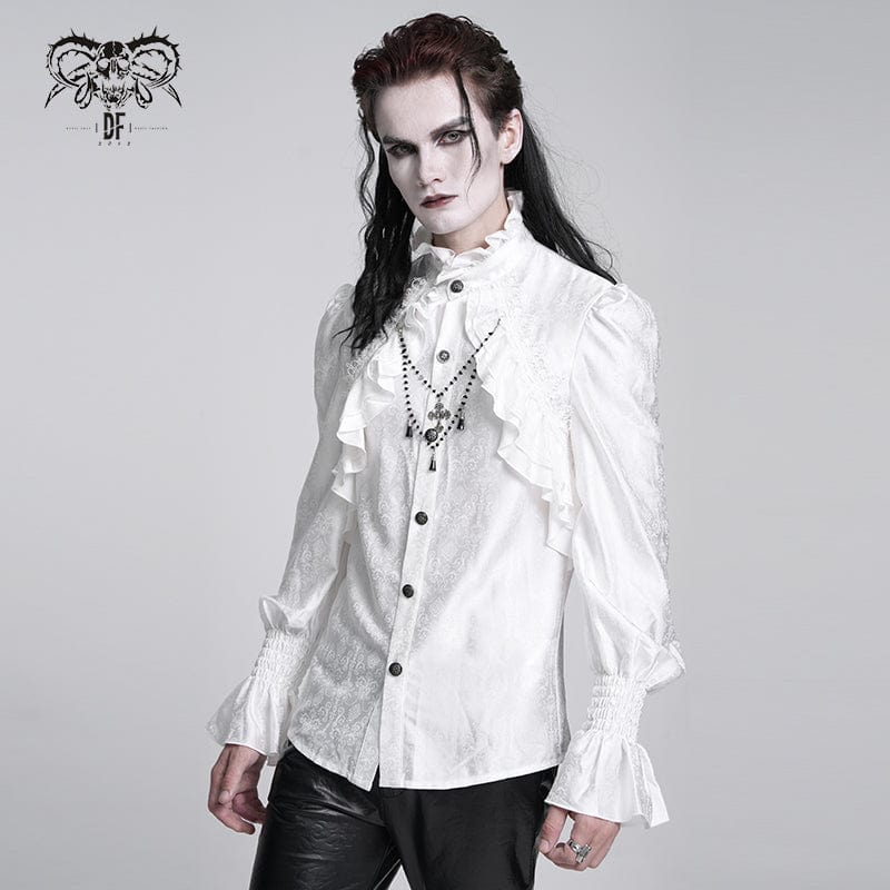 DEVIL FASHION Men's Gothic Ruffled Lace Cross Shirt White