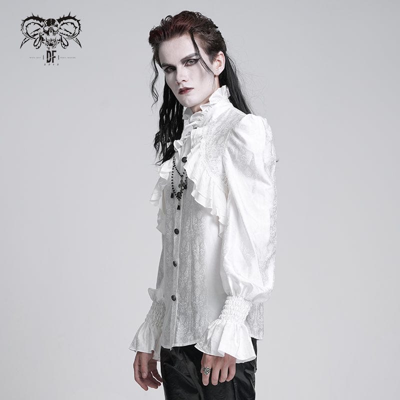 DEVIL FASHION Men's Gothic Ruffled Lace Cross Shirt White