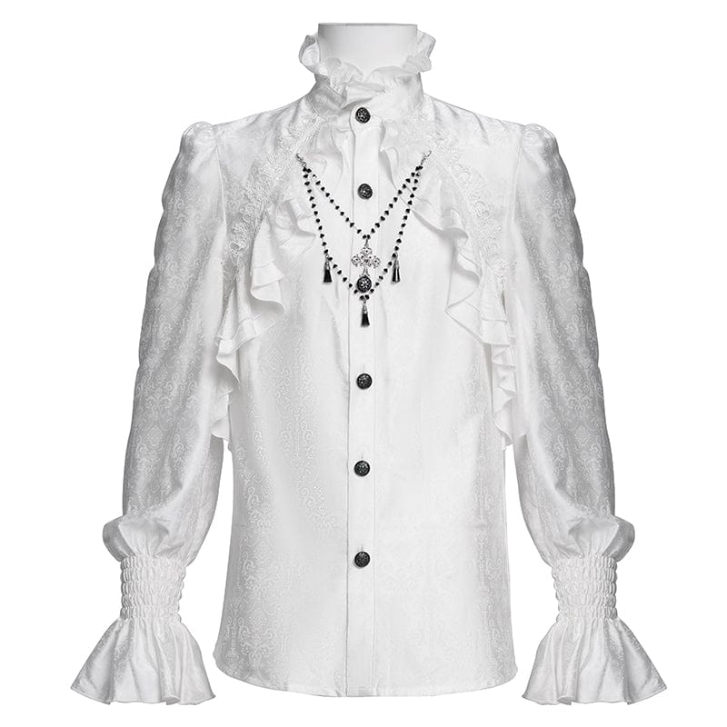 DEVIL FASHION Men's Gothic Ruffled Lace Cross Shirt White