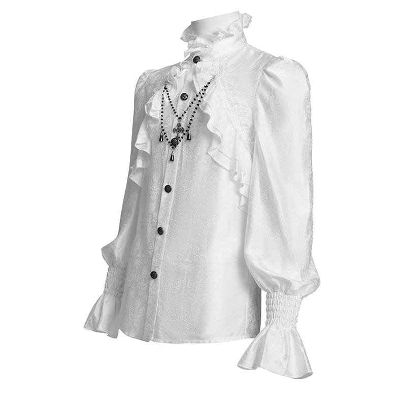 DEVIL FASHION Men's Gothic Ruffled Lace Cross Shirt White