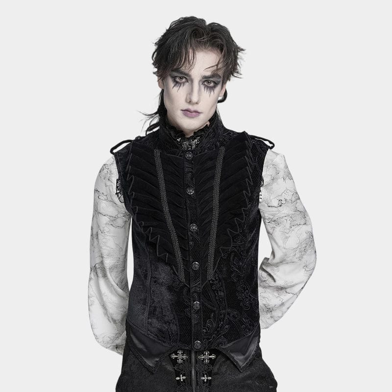 DEVIL FASHION Men's Gothic Ruffled Single-breasted Stand Collar Vest