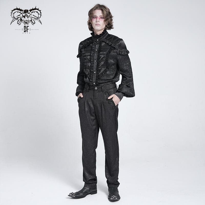 DEVIL FASHION Men's Gothic Ruffled Stand Collar Puff Sleeved Shirt Black