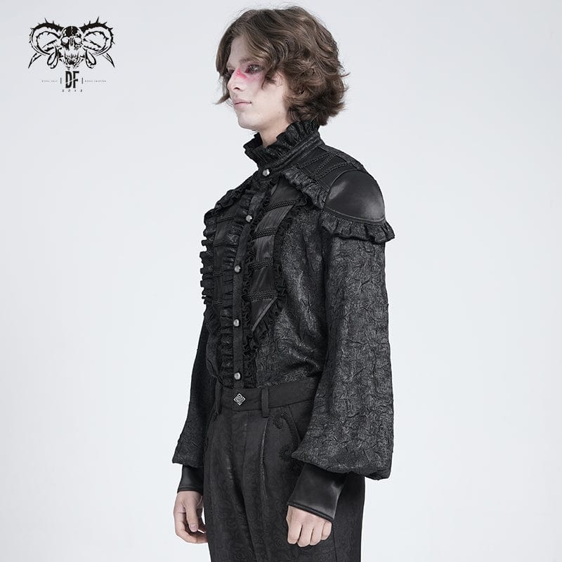 DEVIL FASHION Men's Gothic Ruffled Stand Collar Puff Sleeved Shirt Black