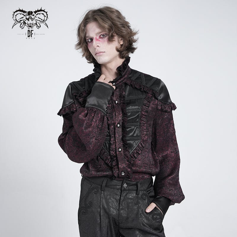 DEVIL FASHION Men's Gothic Ruffled Stand Collar Puff Sleeved Shirt Red
