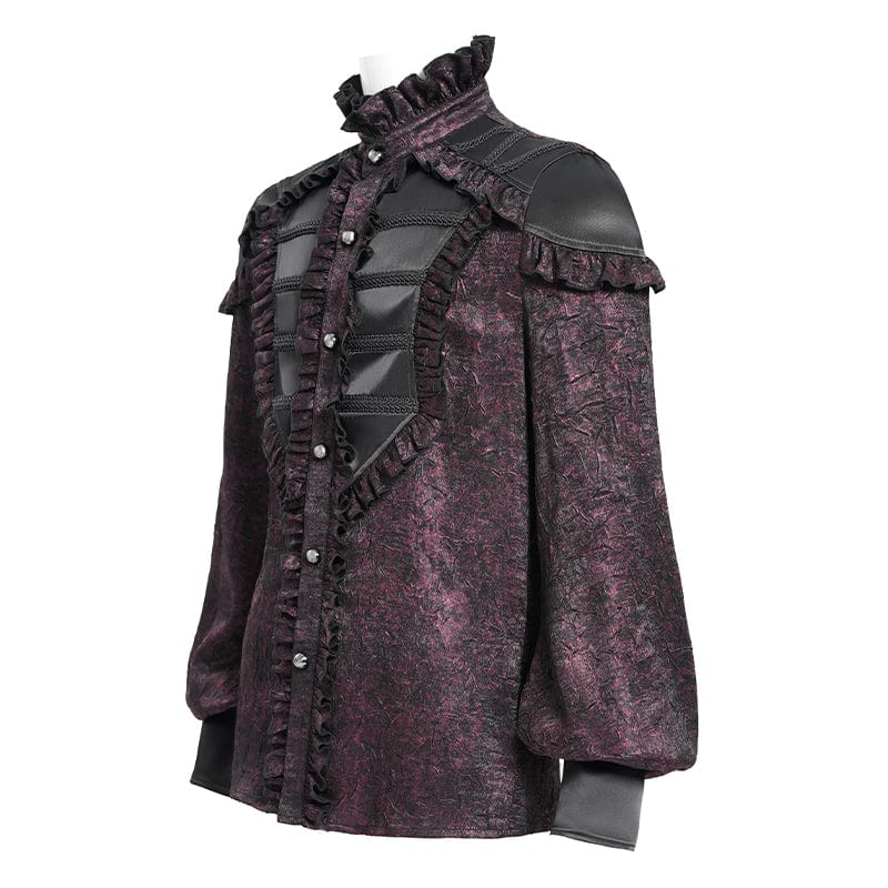 DEVIL FASHION Men's Gothic Ruffled Stand Collar Puff Sleeved Shirt Red