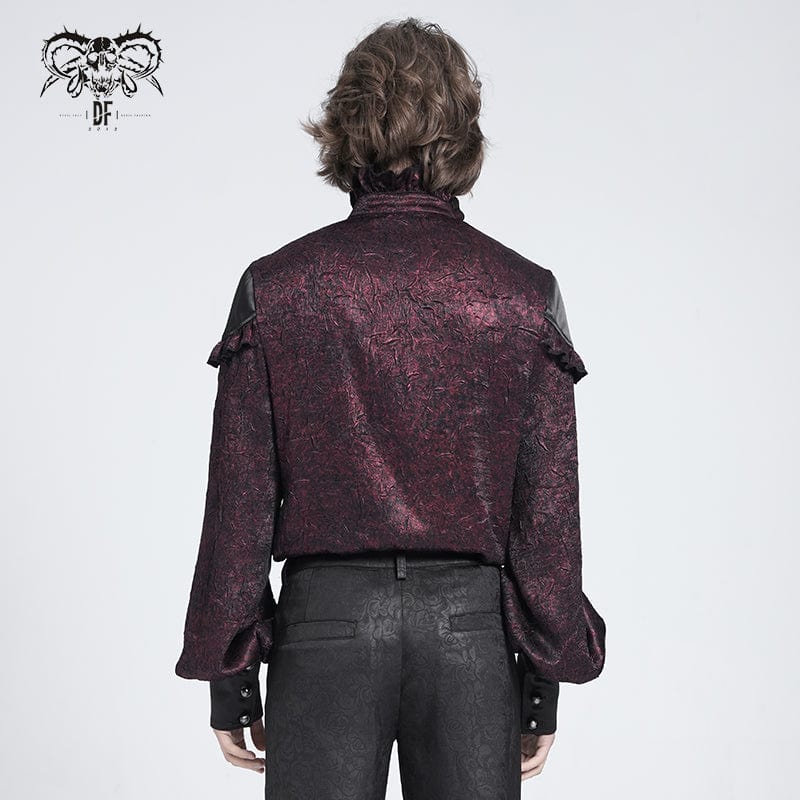 DEVIL FASHION Men's Gothic Ruffled Stand Collar Puff Sleeved Shirt Red