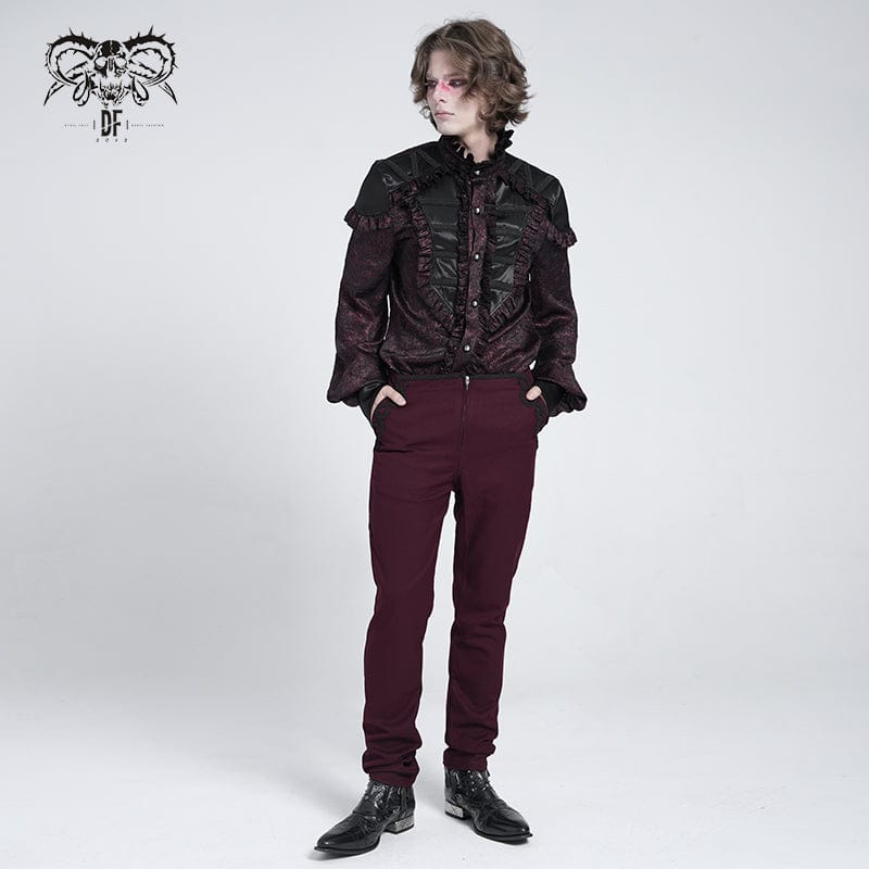 DEVIL FASHION Men's Gothic Ruffled Stand Collar Puff Sleeved Shirt Red