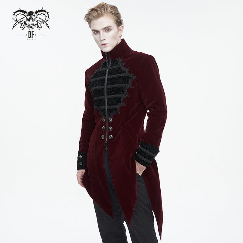 DEVIL FASHION Men's Gothic Stand Collar Lace Splice Swallow-tailed Coat Red