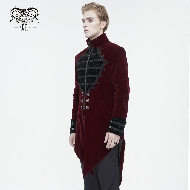 DEVIL FASHION Men's Gothic Stand Collar Lace Splice Swallow-tailed Coat Red