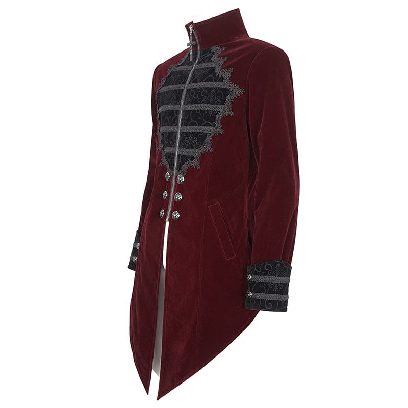 DEVIL FASHION Men's Gothic Stand Collar Lace Splice Swallow-tailed Coat Red