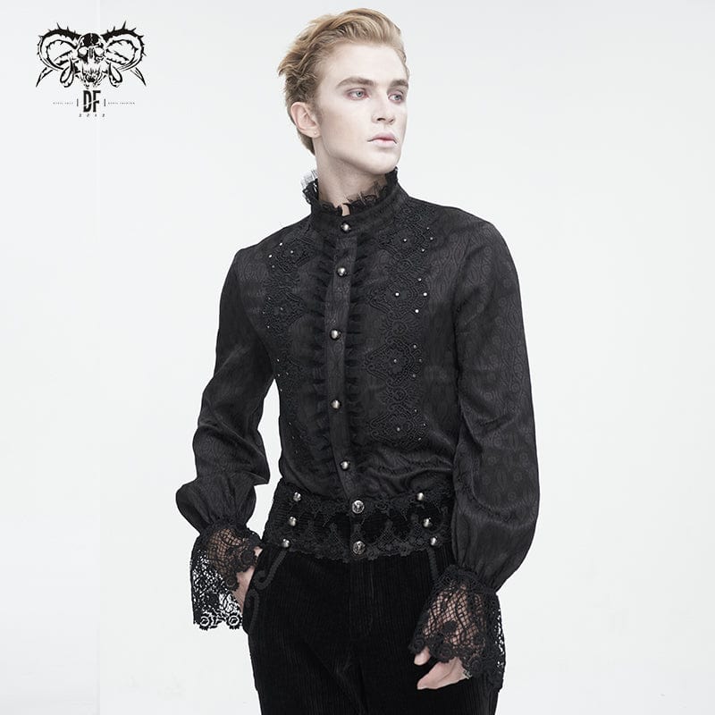 DEVIL FASHION Men's Gothic Stand Collar Puff Sleeved Lace Splice Shirt