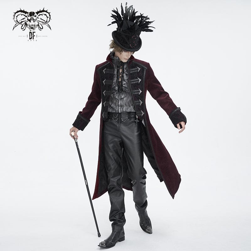 DEVIL FASHION Men's Gothic Stand Collar Red Swallow-tailed Coat