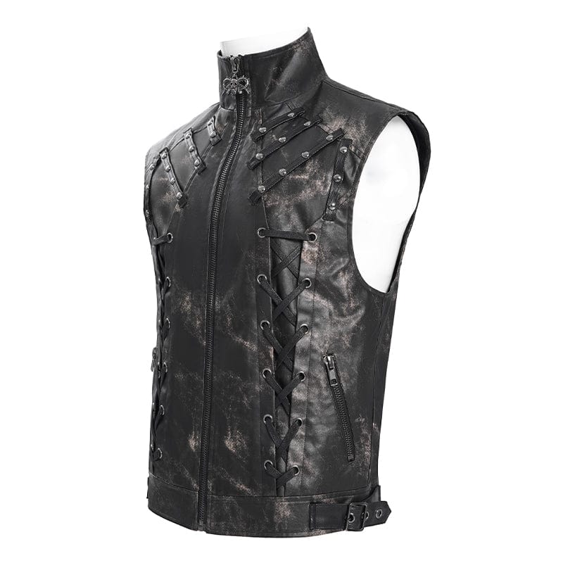 DEVIL FASHION Men's Gothic Stand Collar Strappy Splice Waistcoat