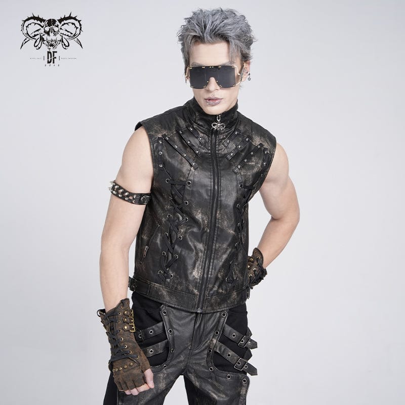 DEVIL FASHION Men's Gothic Stand Collar Strappy Splice Waistcoat