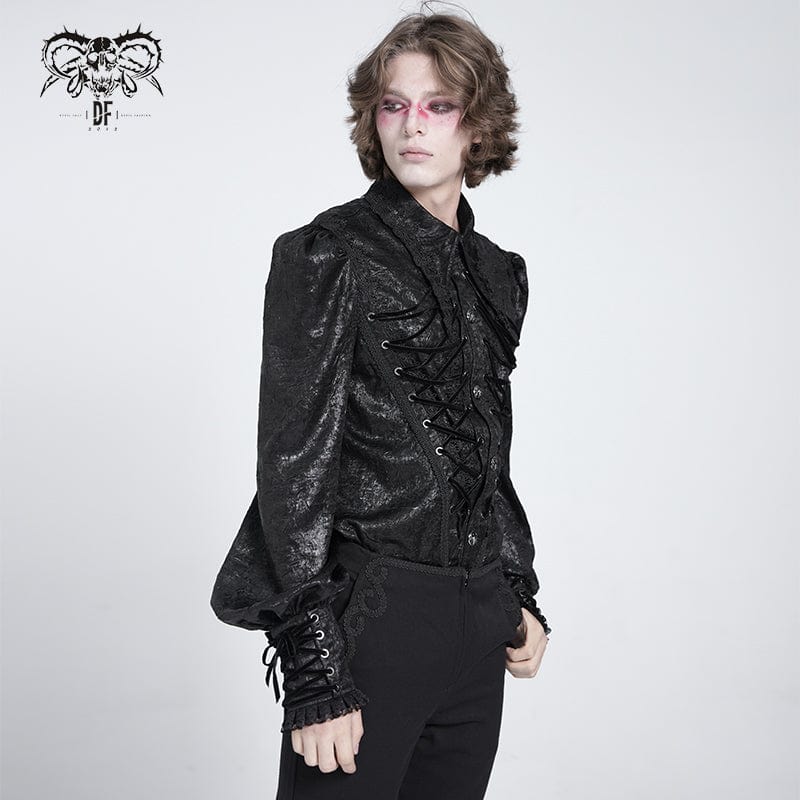 DEVIL FASHION Men's Gothic Strappy Puff Sleeved Lace Hem Shirt