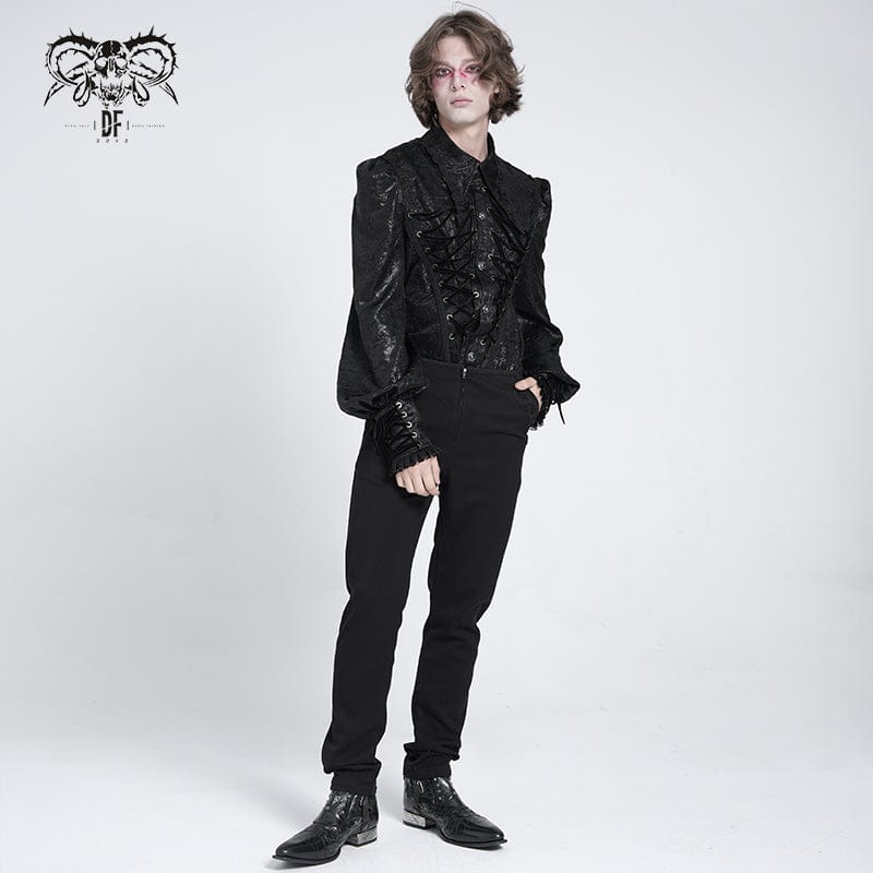DEVIL FASHION Men's Gothic Strappy Puff Sleeved Lace Hem Shirt