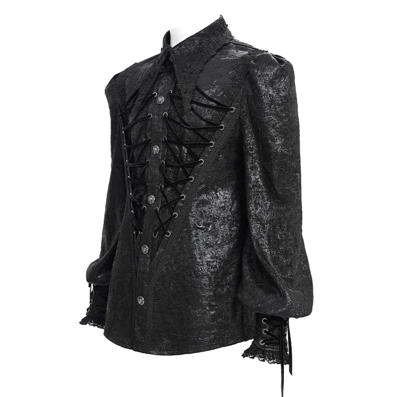 DEVIL FASHION Men's Gothic Strappy Puff Sleeved Lace Hem Shirt