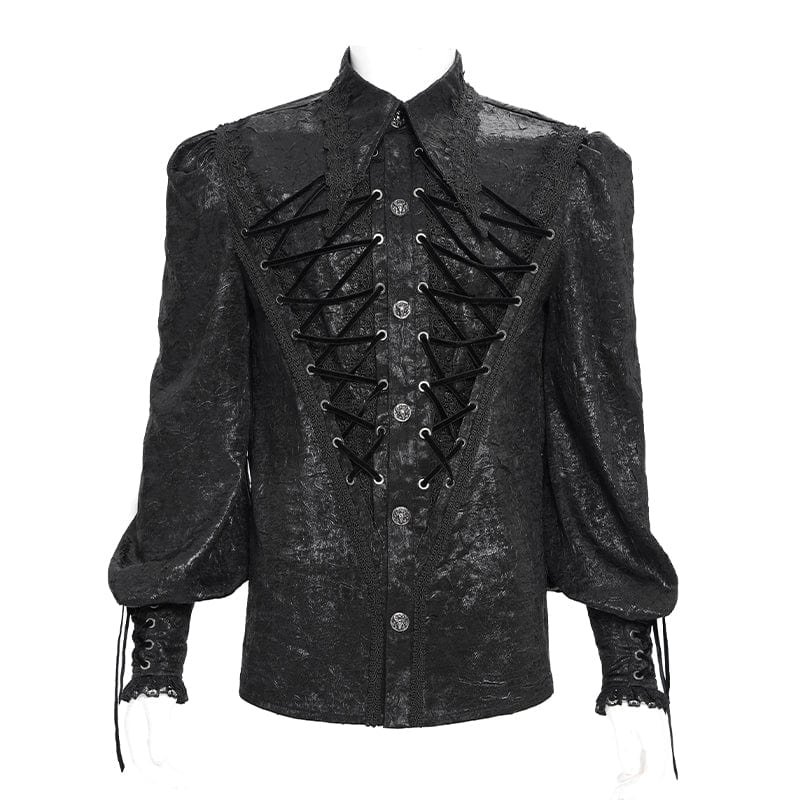 DEVIL FASHION Men's Gothic Strappy Puff Sleeved Lace Hem Shirt