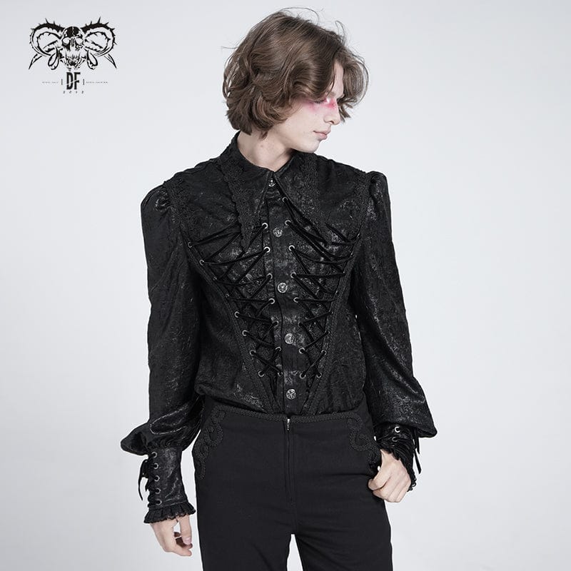DEVIL FASHION Men's Gothic Strappy Puff Sleeved Lace Hem Shirt
