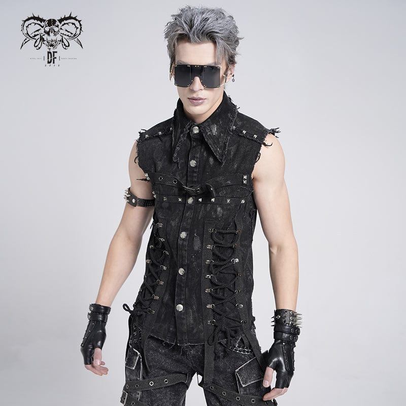 DEVIL FASHION Men's Gothic Studded Lace-up Distressed Vest