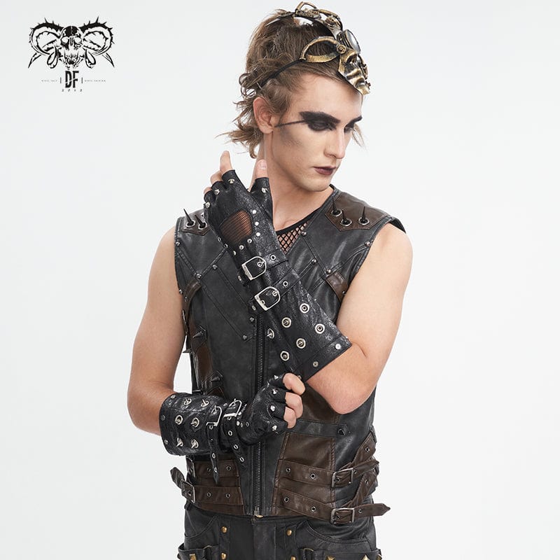 DEVIL FASHION Men's Gothic Studded Mesh Splice Half-finger Gloves