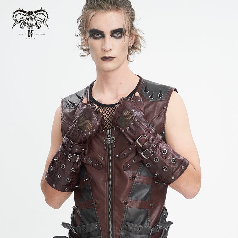 DEVIL FASHION Men's Gothic Studded Mesh Splice Red Half-finger Gloves