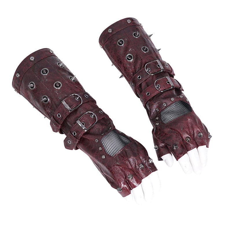 DEVIL FASHION Men's Gothic Studded Mesh Splice Red Half-finger Gloves