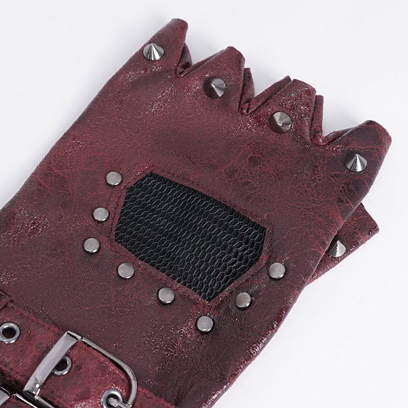 DEVIL FASHION Men's Gothic Studded Mesh Splice Red Half-finger Gloves