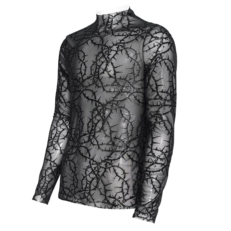 DEVIL FASHION Men's Gothic Thorny Vine Flocked Sheer Mesh Long Sleeve Top