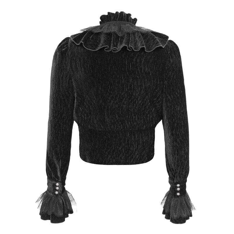 DEVIL FASHION Men's Gothic V-neck Ruffled Lace Splice Shirt Black