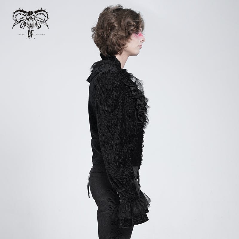 DEVIL FASHION Men's Gothic V-neck Ruffled Lace Splice Shirt Black