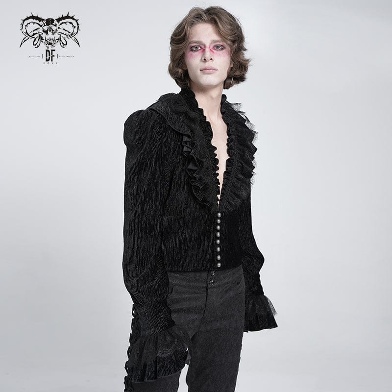 DEVIL FASHION Men's Gothic V-neck Ruffled Lace Splice Shirt Black