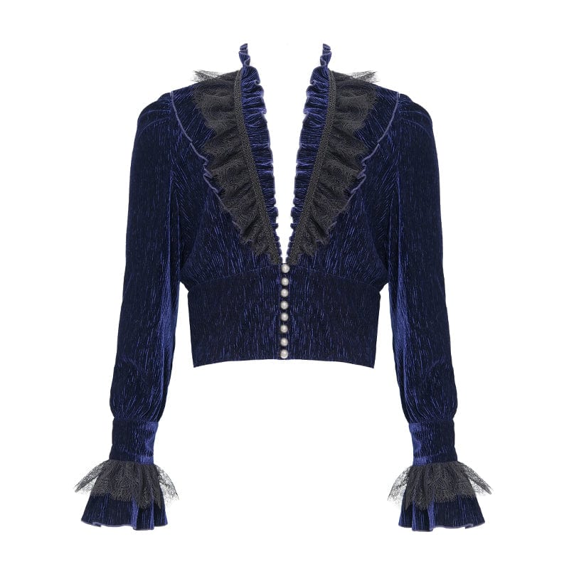 DEVIL FASHION Men's Gothic V-neck Ruffled Lace Splice Shirt Blue