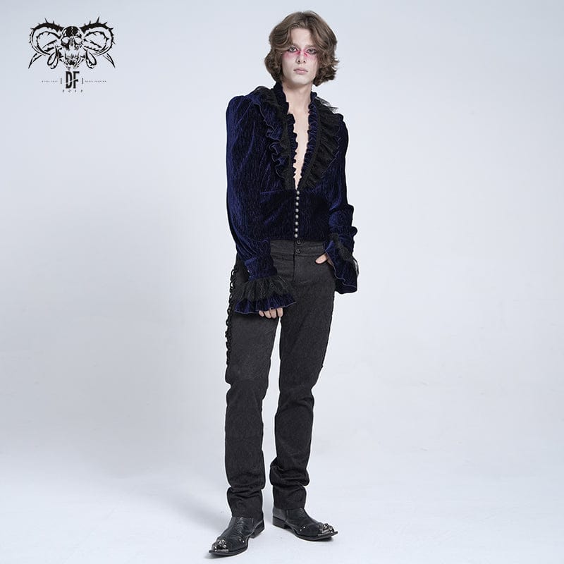 DEVIL FASHION Men's Gothic V-neck Ruffled Lace Splice Shirt Blue