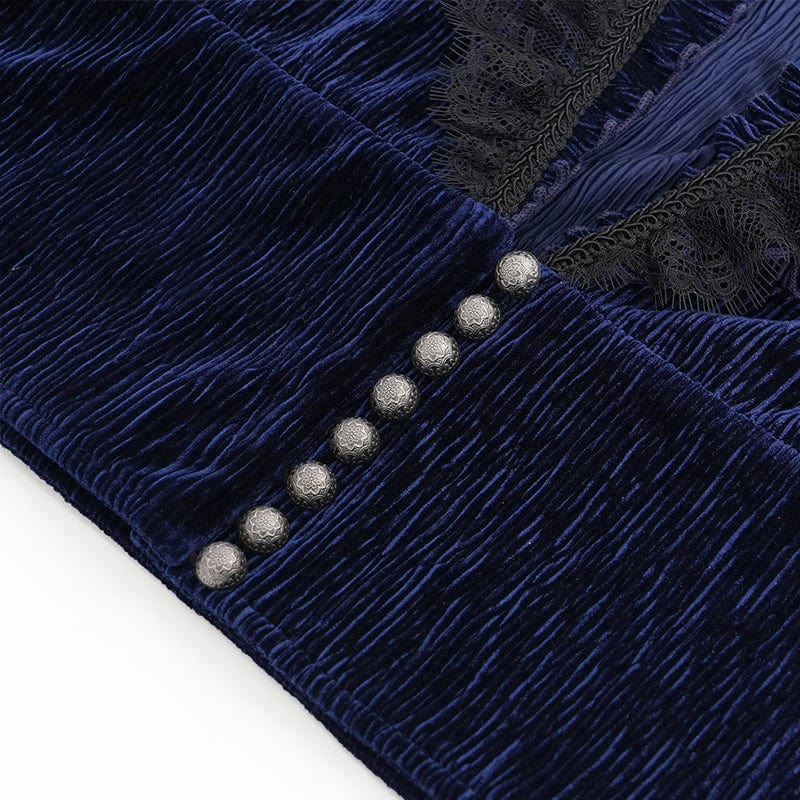 DEVIL FASHION Men's Gothic V-neck Ruffled Lace Splice Shirt Blue