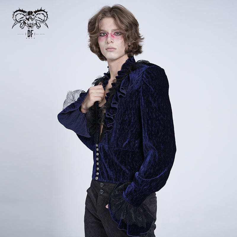 DEVIL FASHION Men's Gothic V-neck Ruffled Lace Splice Shirt Blue