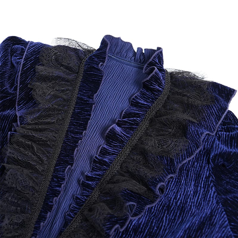 DEVIL FASHION Men's Gothic V-neck Ruffled Lace Splice Shirt Blue