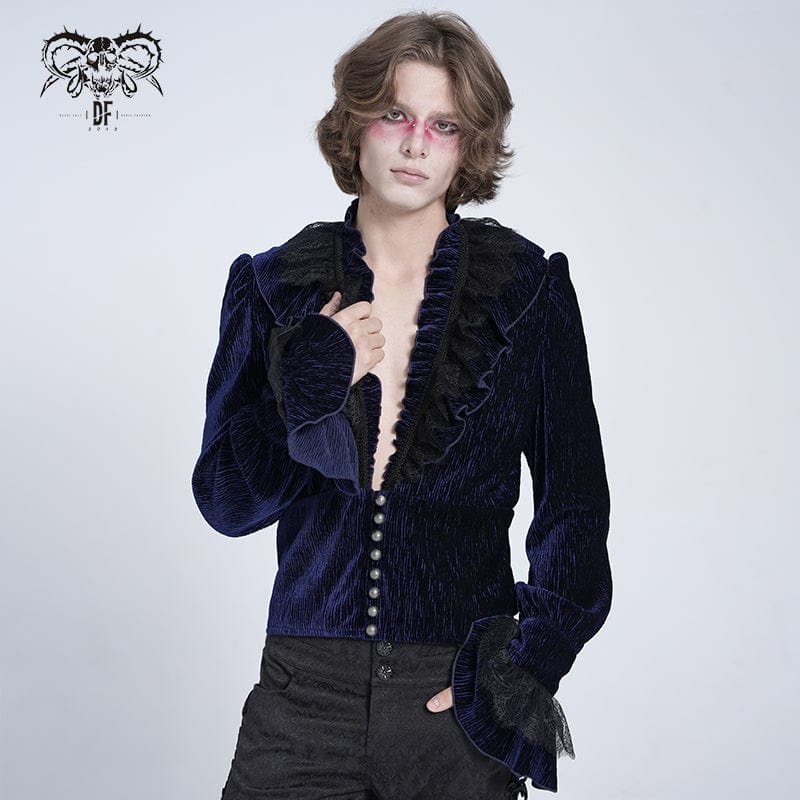 DEVIL FASHION Men's Gothic V-neck Ruffled Lace Splice Shirt Blue